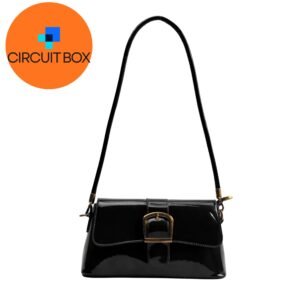 Circuitbox Black PU Clutch Bag with Strap – Adult Female, Patent Finish, Gold Buckle, Elegant & Compact (USA)